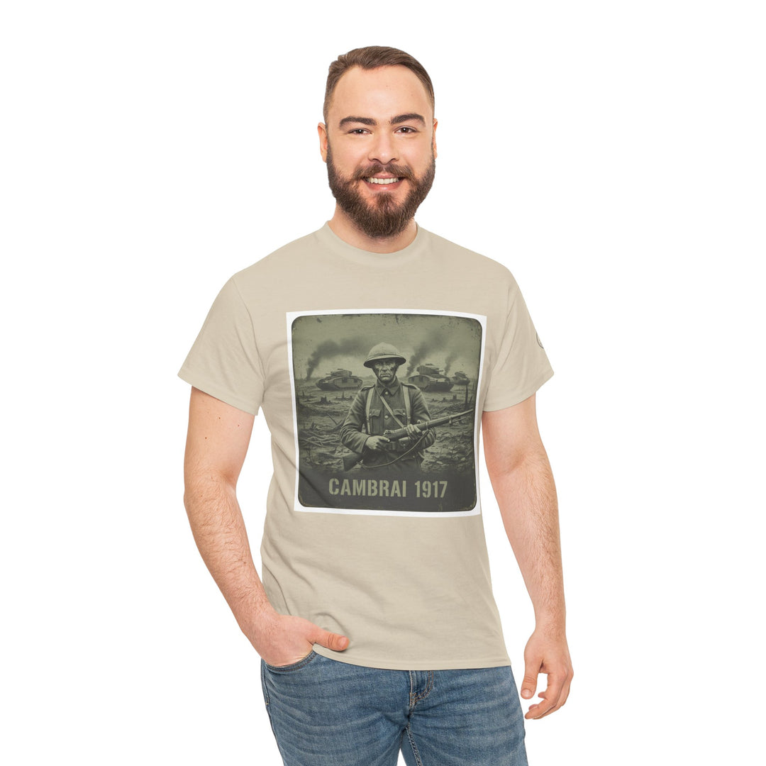 Sand-colored t-shirt by S&amp;W Gallus, featuring a vintage "Cambrai 1917" soldier graphic on the front, worn with blue jeans.