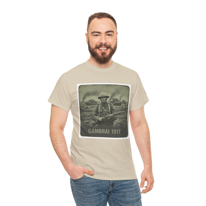 Sand-colored t-shirt by S&amp;W Gallus, featuring a vintage "Cambrai 1917" soldier graphic on the front, worn with blue jeans.