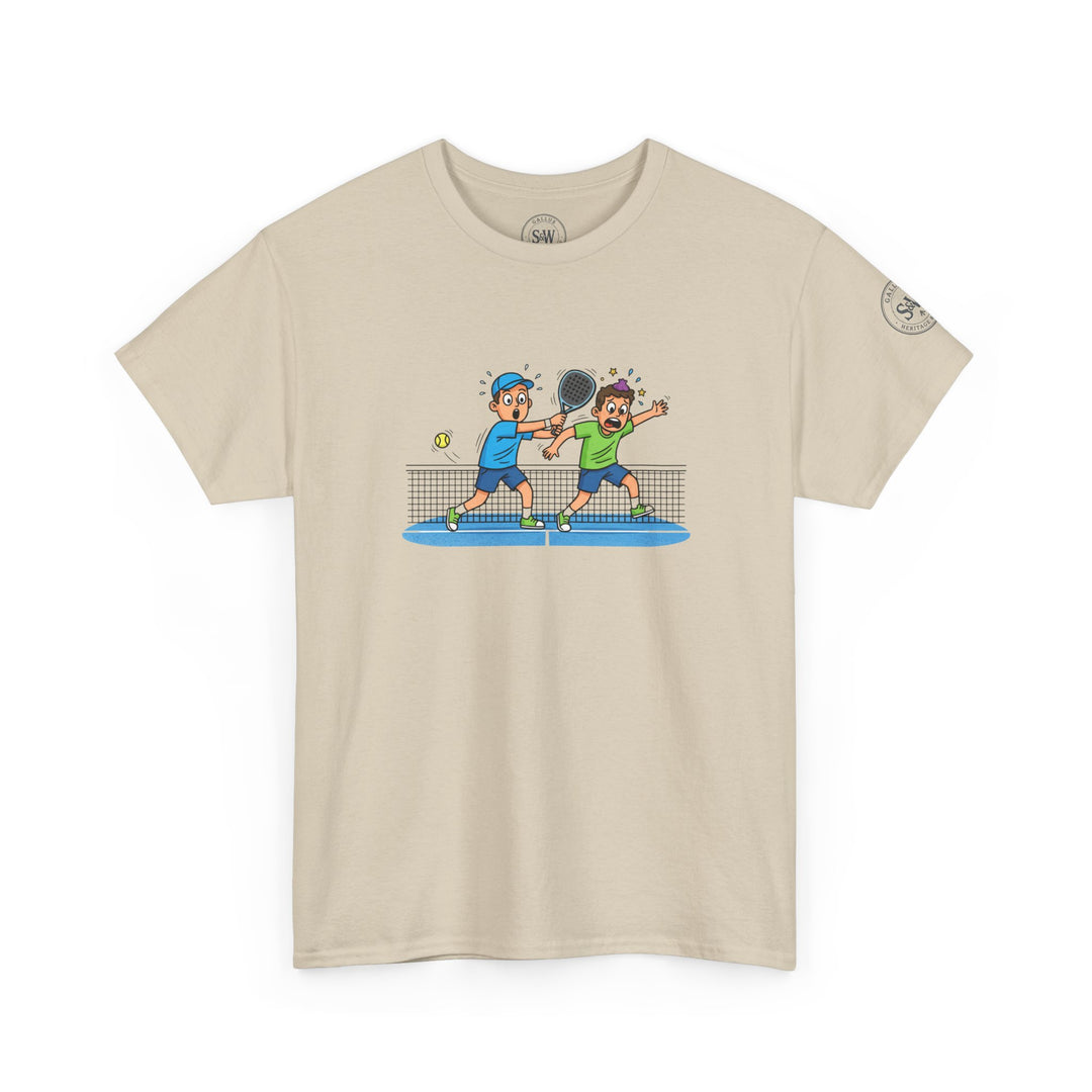 Beige graphic tee by S&amp;W Gallus featuring a cartoon image of two boys playing tennis.