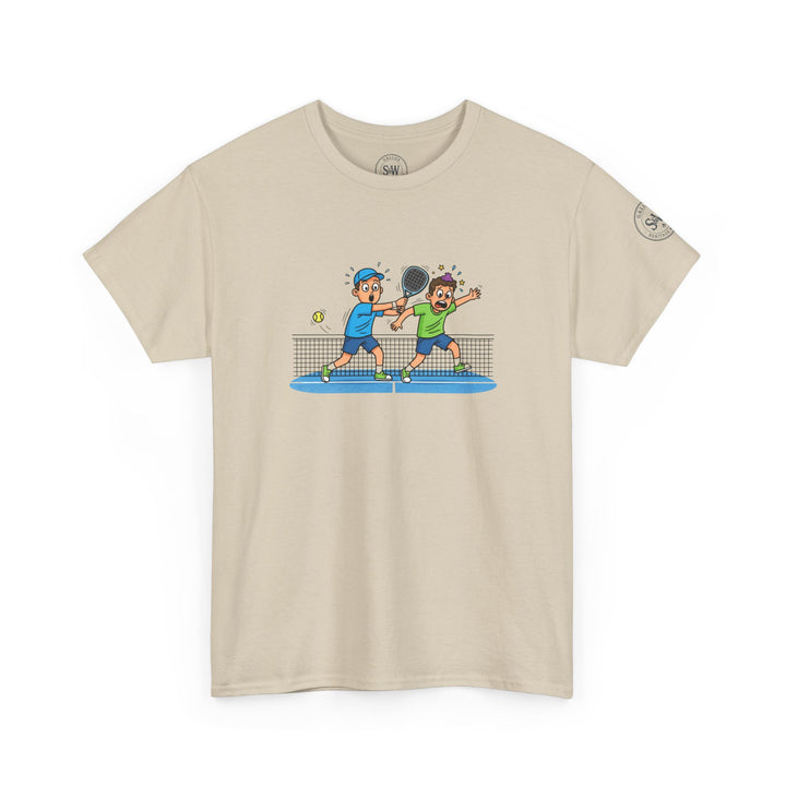 Beige graphic tee by S&amp;W Gallus featuring a cartoon image of two boys playing tennis.