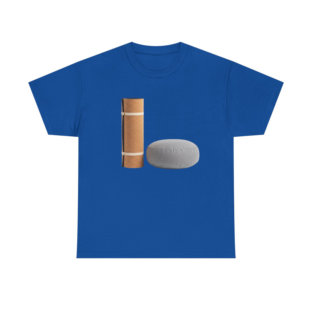 Mat &amp; Meditation Cushion Tee – soft, breathable cotton featuring a yoga-inspired design. Perfect for meditation, studio practice, or mindful everyday wear.