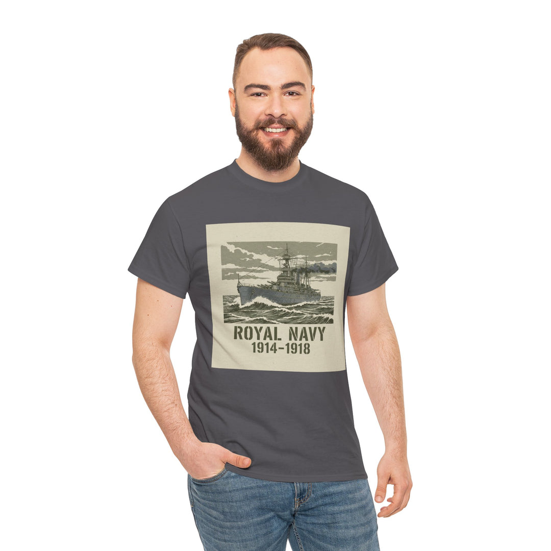 Gray graphic tee by S&amp;W Gallus, featuring a vintage battleship illustration with "Royal Navy 1914-1918" text, worn with jeans by a smiling man.
