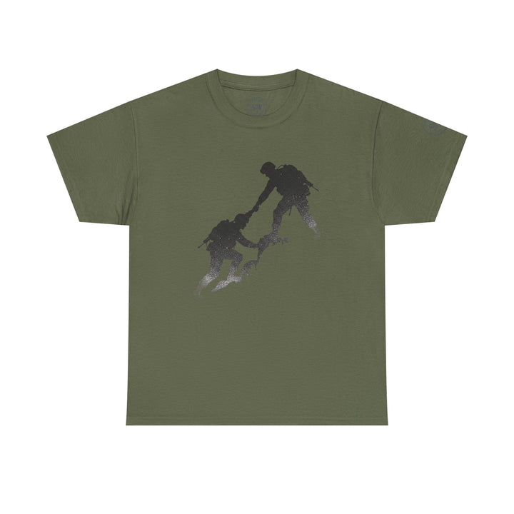 Olive drab tee shirt by S&amp;W Gallus, featuring a silhouette of two soldiers helping each other.