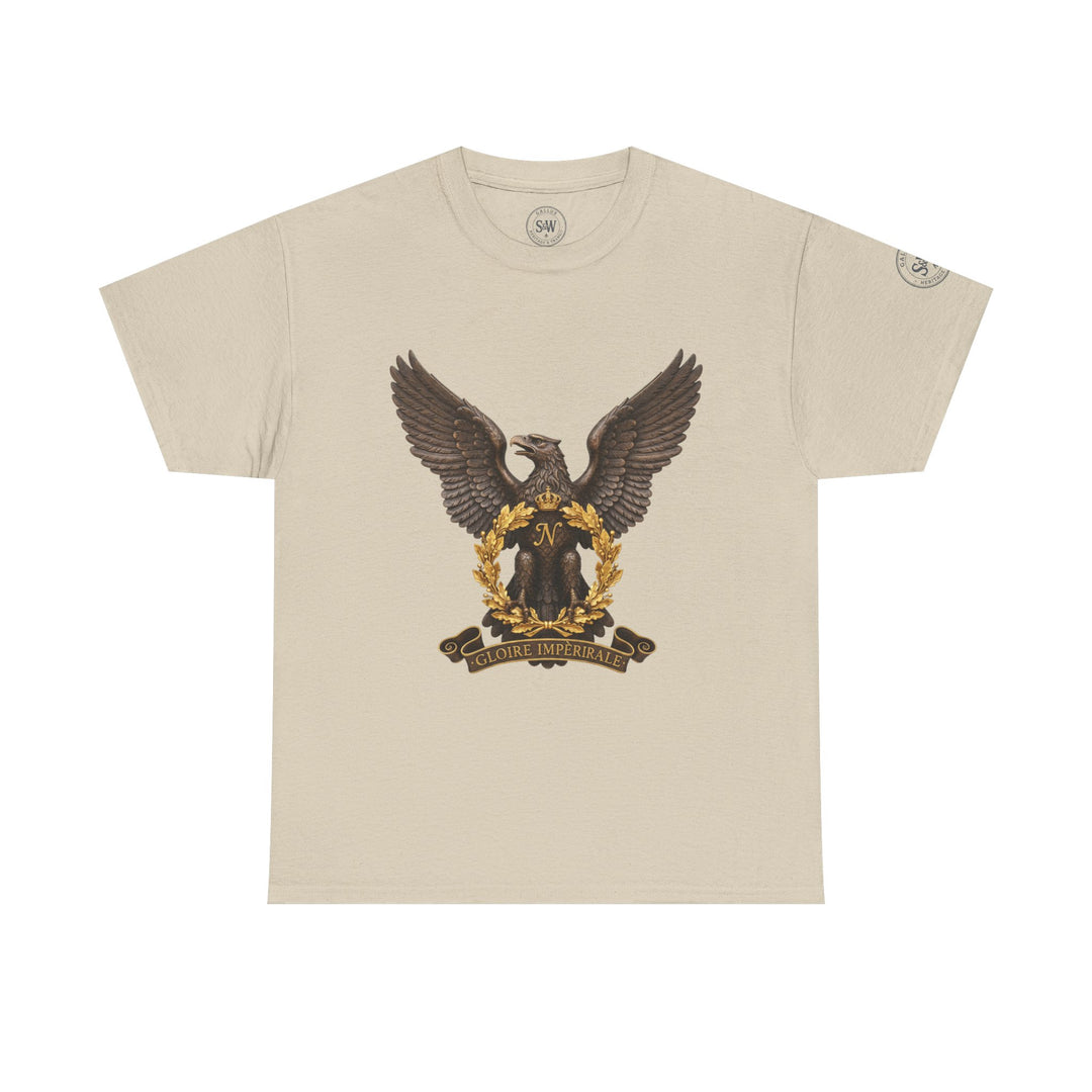 Beige t-shirt by S&amp;W Gallus featuring an eagle crest with wings spread, set against a white background.