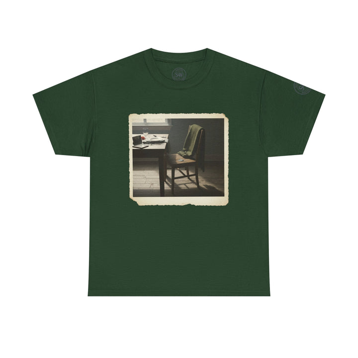 Green t-shirt by S&amp;W Gallus, featuring an image of a vintage photograph with a study room scene.