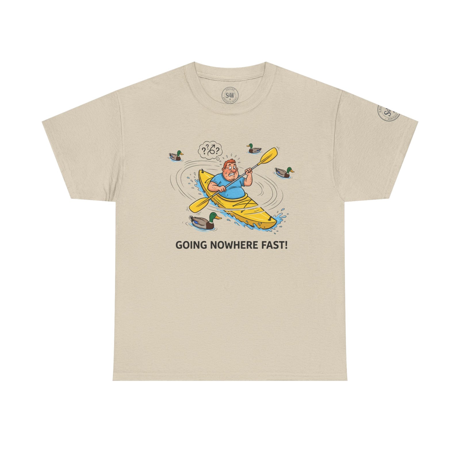 Beige Kayak Nowhere Fast T-shirt by S&W Gallus, featuring a funny cartoon graphic and short sleeves.