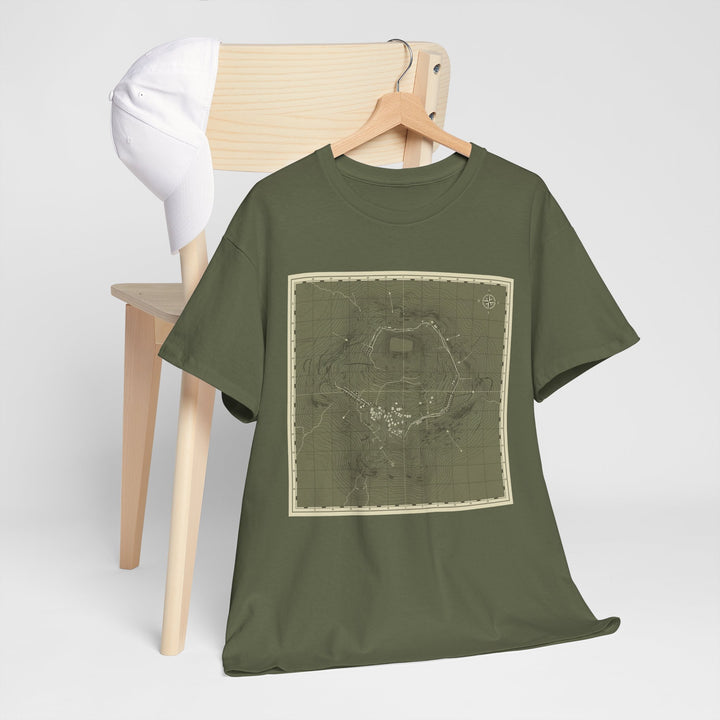 Isandlwana Map Print T-Shirt featuring a vintage topographic design. A bold heritage graphic tee inspired by historic terrain.