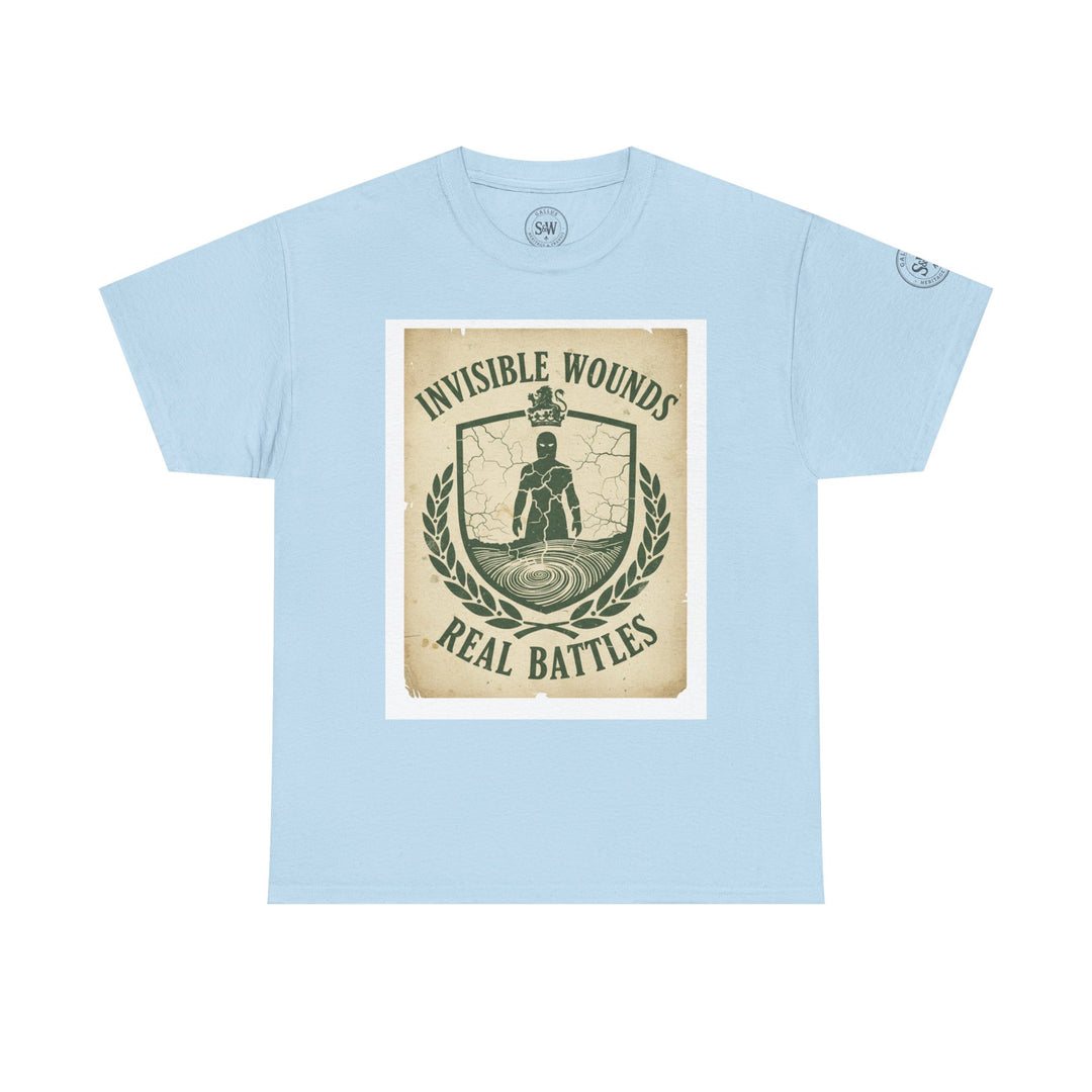 Light blue t-shirt by S&amp;W Gallus with a graphic print featuring the words "Invisible Wounds Real Battles".