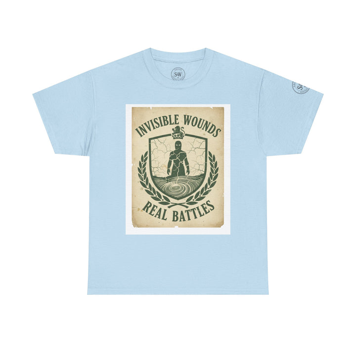 Light blue t-shirt by S&amp;W Gallus with a graphic print featuring the words "Invisible Wounds Real Battles".