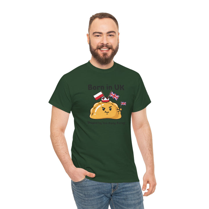 Green T-shirt with a humorous pierogi graphic by S&amp;W Gallus, worn with blue jeans by a smiling man.