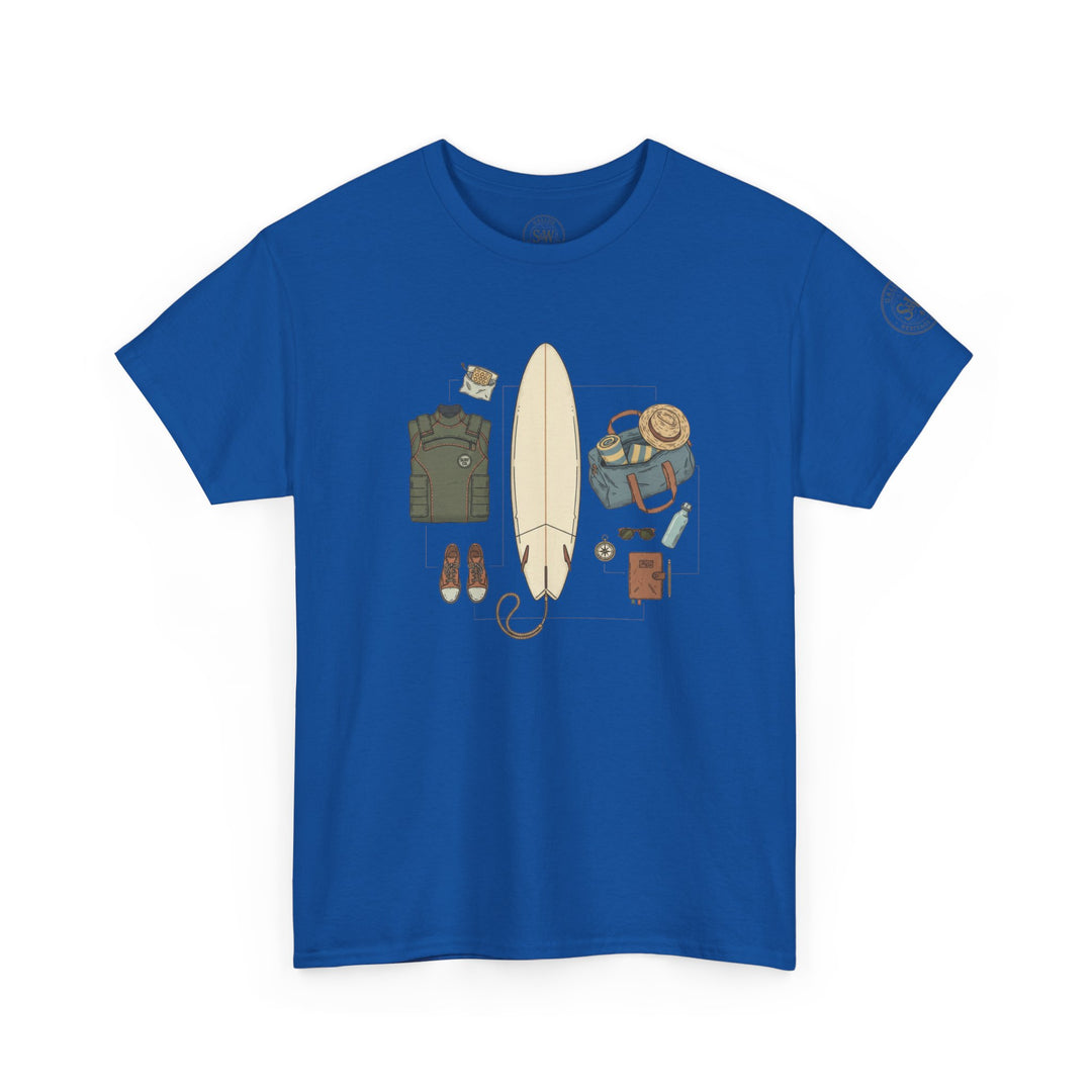 Blue t-shirt by S&amp;W Gallus featuring a surfing gear graphic on the front.
