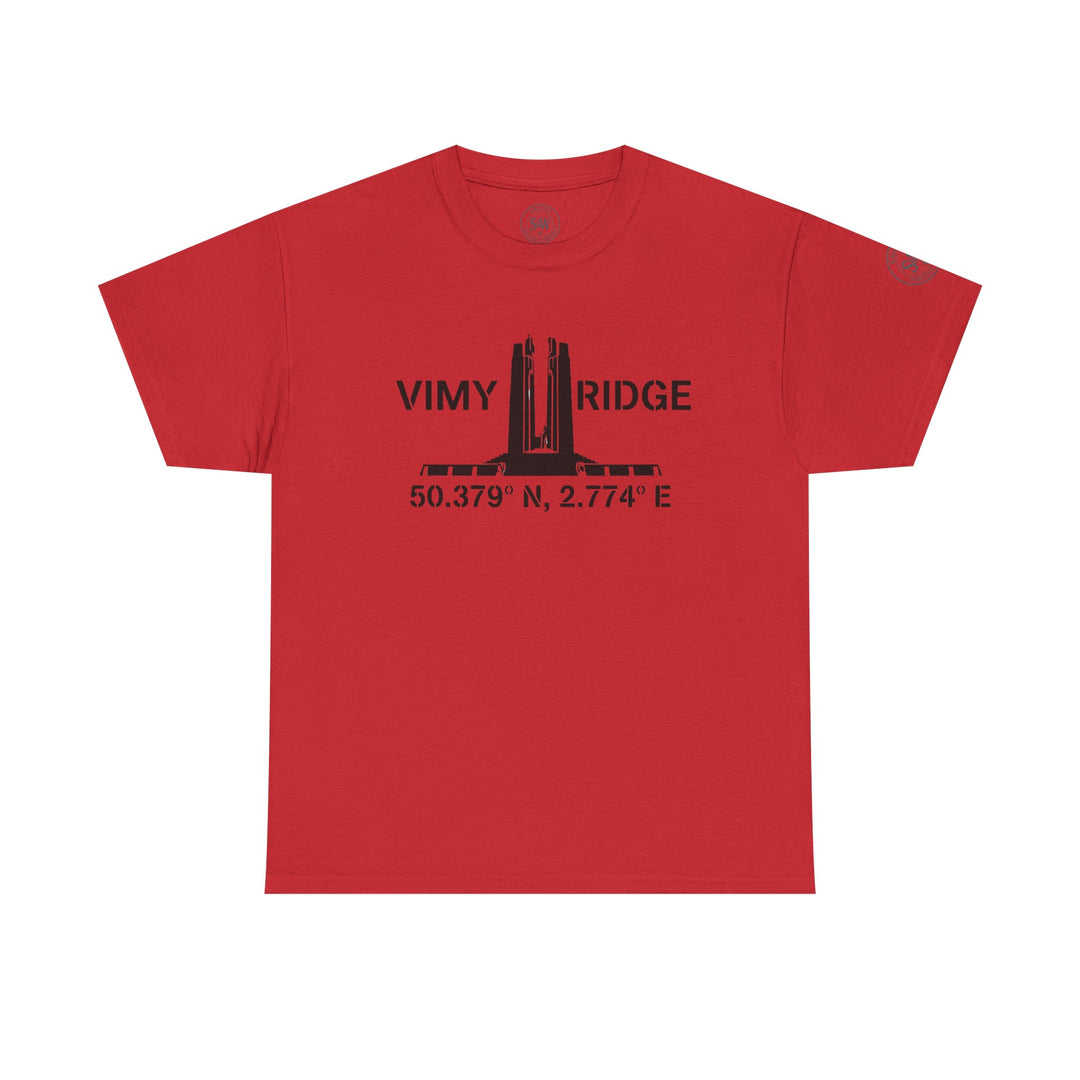 Red t-shirt by S&amp;W Gallus with a Vimy Ridge monument graphic and location coordinates.