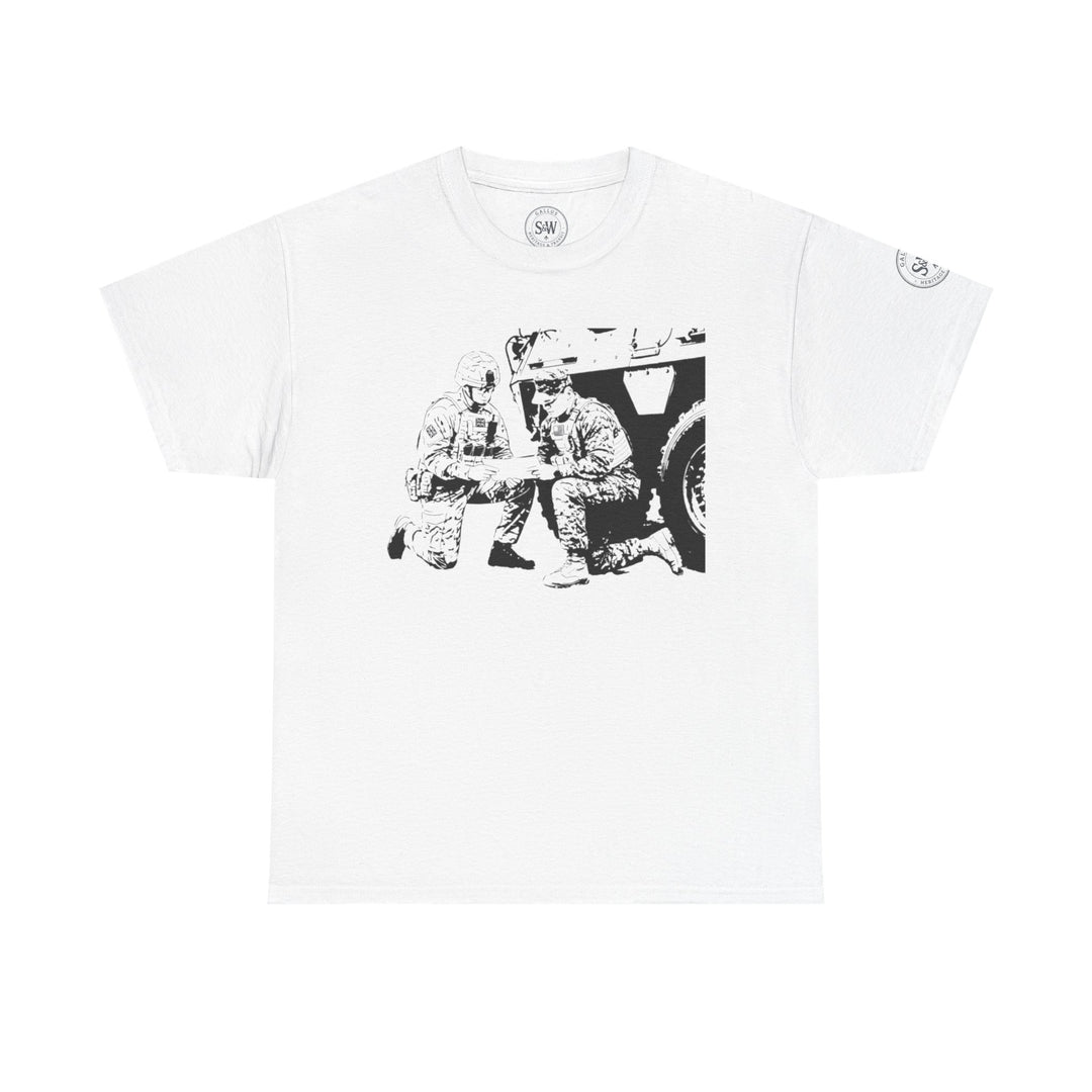 White t-shirt by S&amp;W Gallus featuring a monochrome graphic print of two kneeling soldiers in front of an armored vehicle.