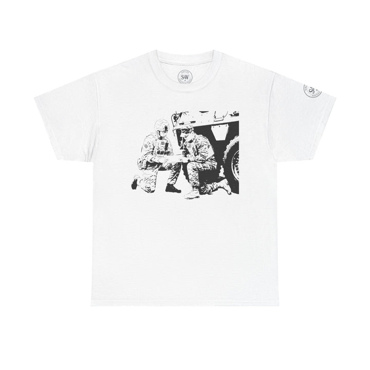 White t-shirt by S&amp;W Gallus featuring a monochrome graphic print of two kneeling soldiers in front of an armored vehicle.