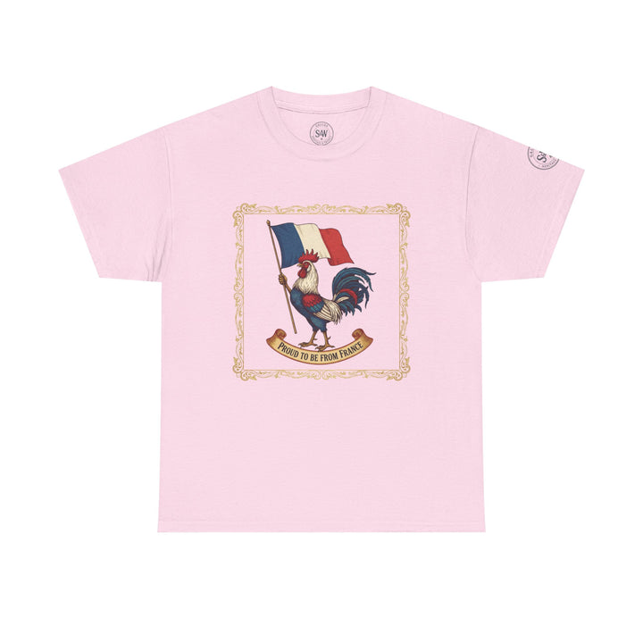 Pink t-shirt by S&amp;W Gallus with a graphic of a rooster holding the French flag.
