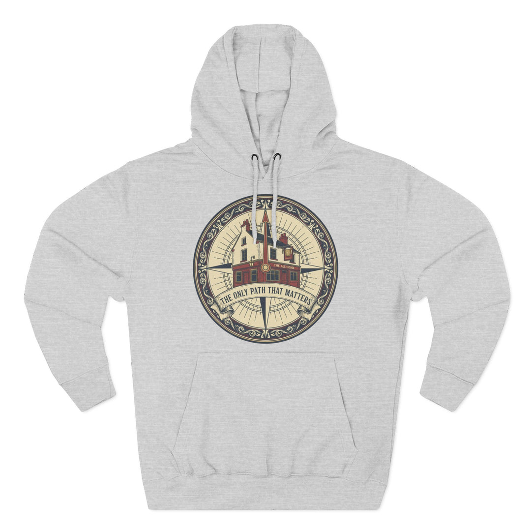 Gray hoodie by S&amp;W Gallus, featuring a compass graphic with an ale house and the phrase "The Only Path That Matters".