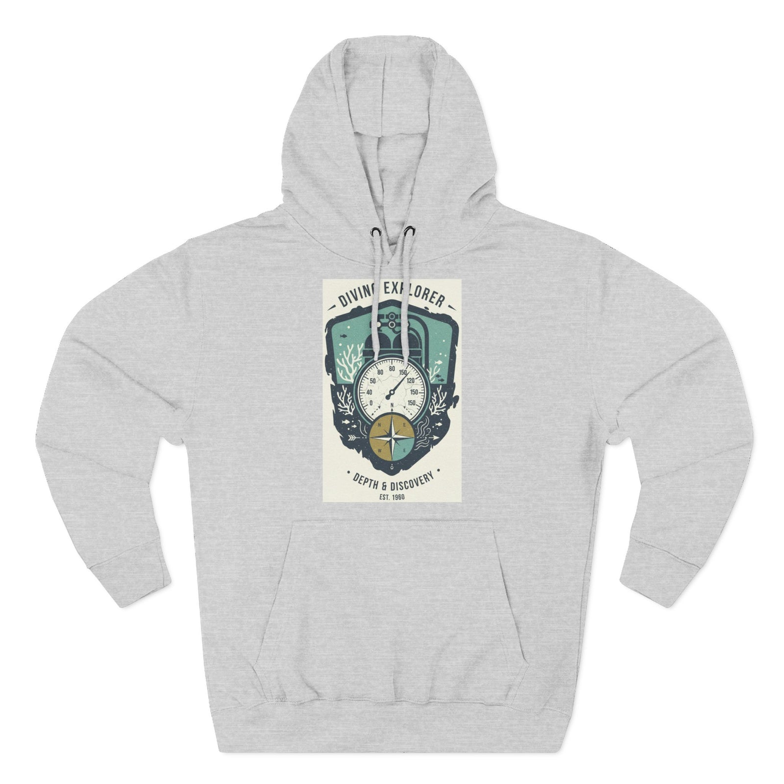 Gray hoodie by S&W Gallus featuring a diving compass graphic with "Diving Explorer" text.