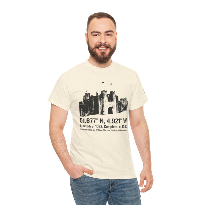 Sand-colored t-shirt by S&amp;W Gallus featuring a black castle graphic, worn with jeans.
