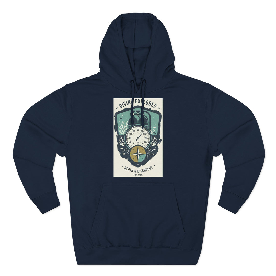 Navy blue hoodie by S&amp;W Gallus featuring a diving explorer compass graphic on the front.
