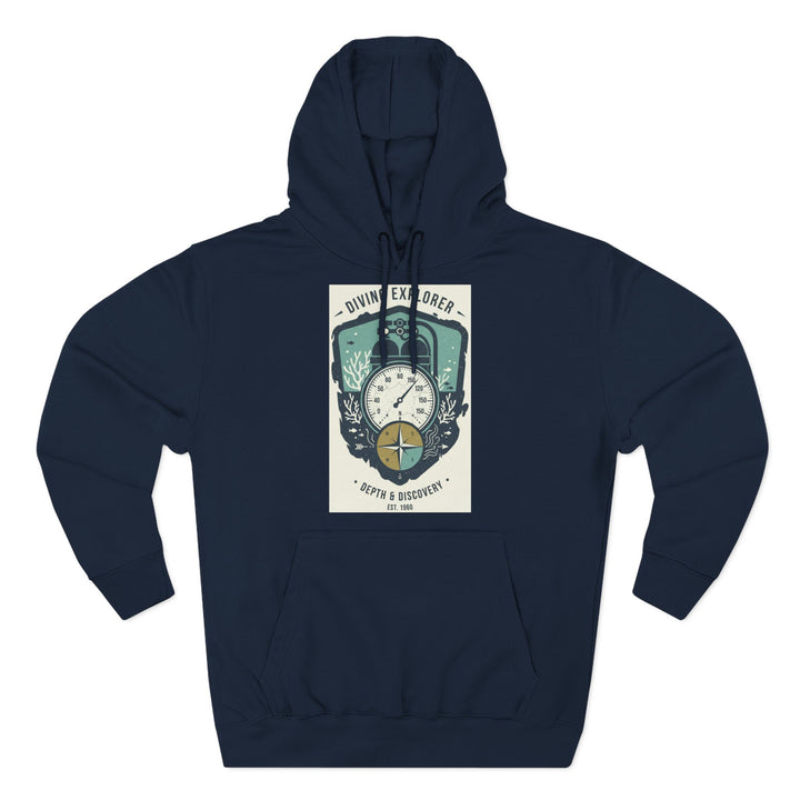 Navy blue hoodie by S&amp;W Gallus featuring a diving explorer compass graphic on the front.
