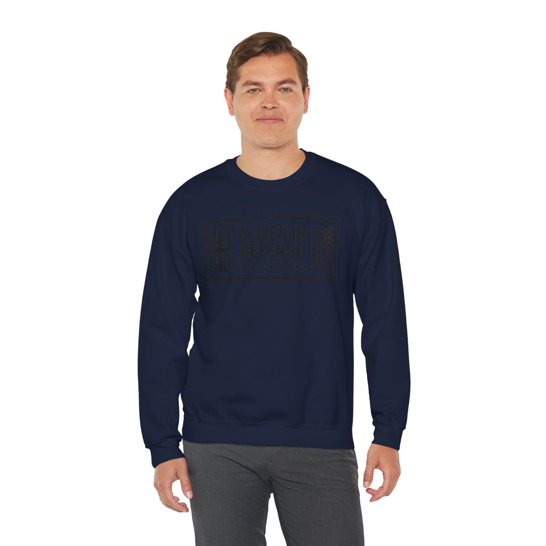 Navy blue crewneck sweatshirt by S&amp;W Gallus with the text "Allies in Defense United for Freedom" in a rectangular frame.