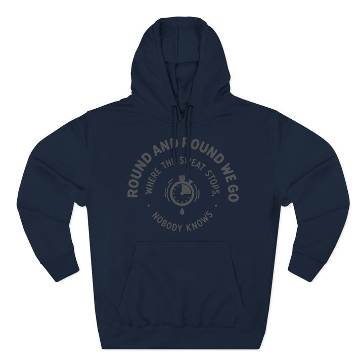 Navy hoodie by S&amp;W Gallus with a circular stopwatch graphic and text design on the chest.