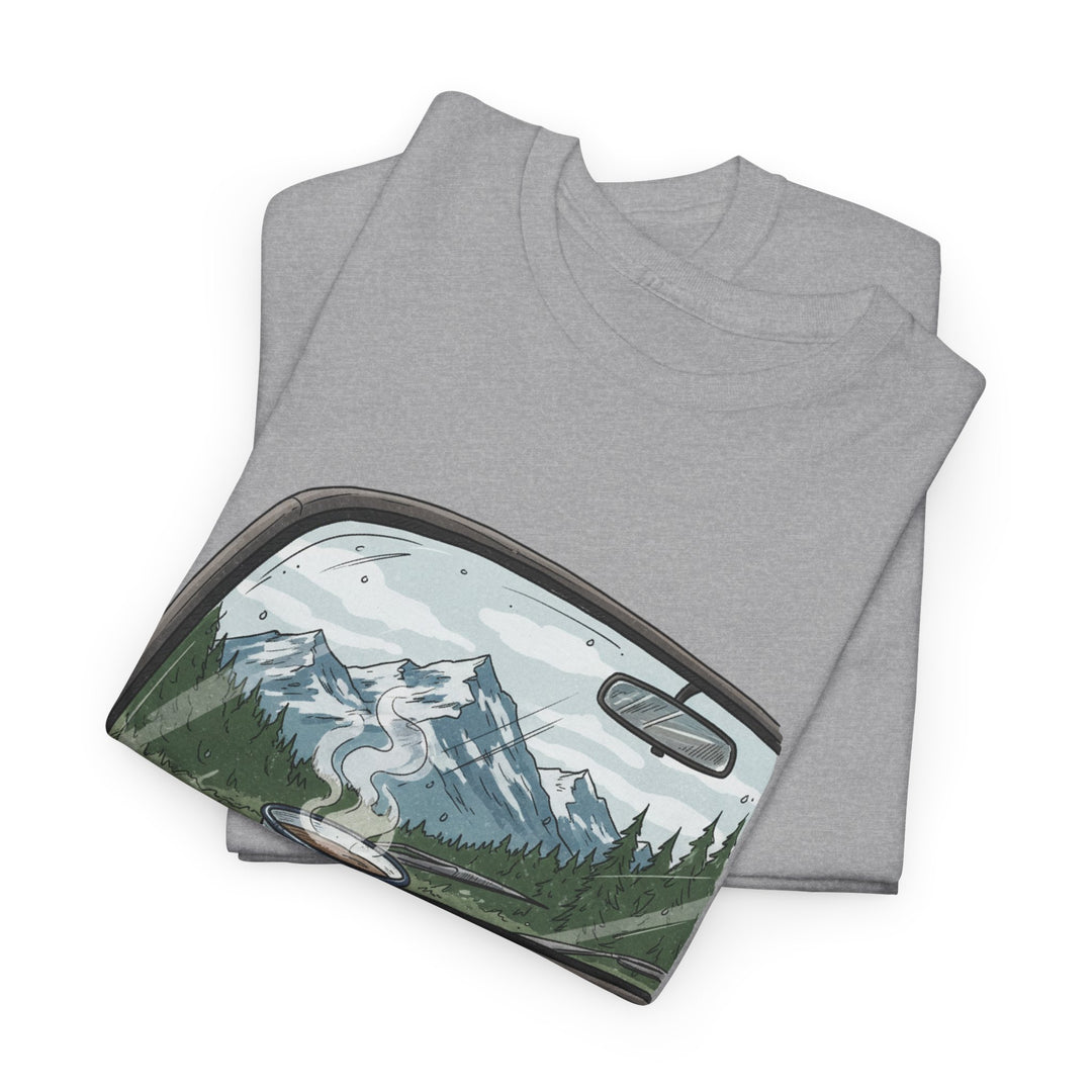 Van Roadtrip View T-Shirt featuring a scenic travel-inspired design. Soft cotton comfort perfect for van life, road trips, and outdoor adventures.