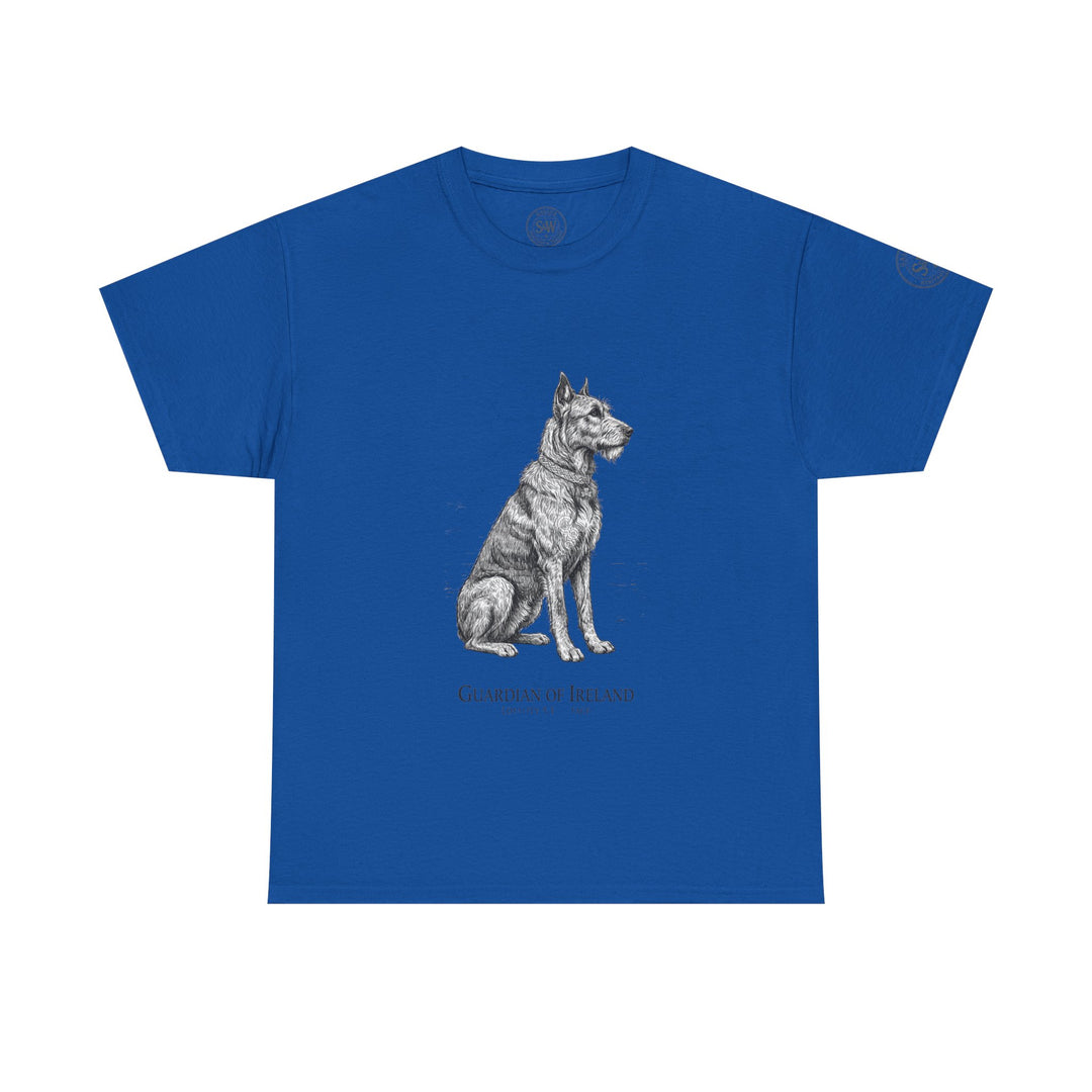 Blue t-shirt by S&amp;W Gallus, featuring a grey illustration of an Irish Wolfhound dog and lettering.