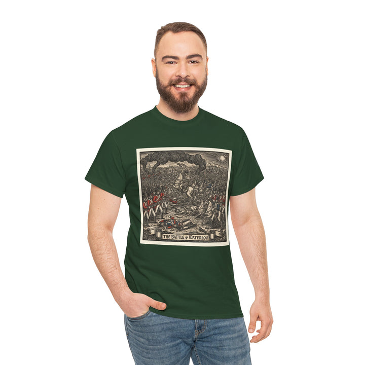 Dark green t-shirt with "The Battle of Waterloo" graphic by S&amp;W Gallus worn with jeans.