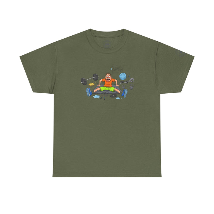 Olive green t-shirt by S&amp;W Gallus featuring a cartoon of a man regretting his workout on the front.