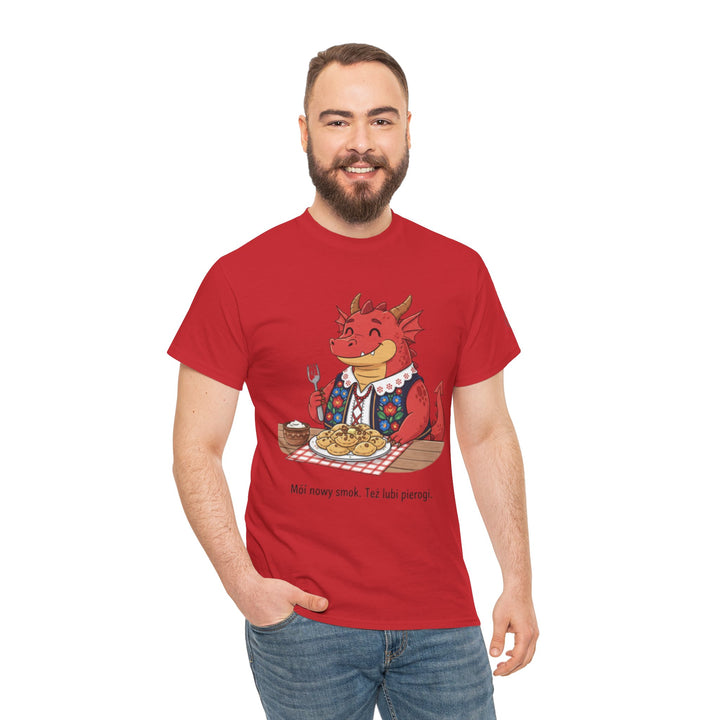 Red t-shirt by S&amp;W Gallus featuring a dragon eating pierogi with Polish text, worn with blue jeans.