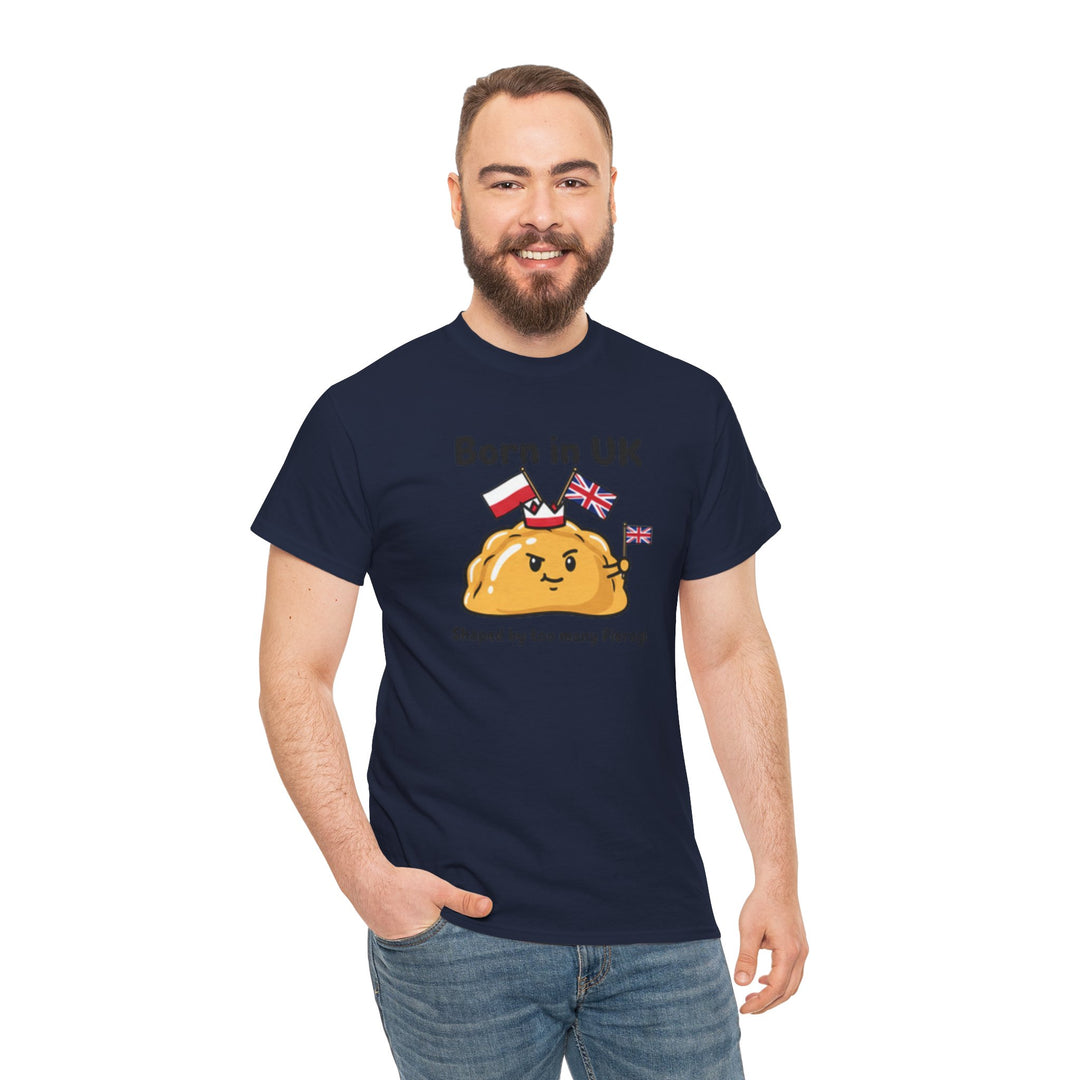 Navy t-shirt by S&amp;W Gallus featuring a pierogi graphic with British and Polish flags, worn with jeans.