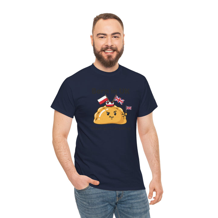 Navy t-shirt by S&amp;W Gallus featuring a pierogi graphic with British and Polish flags, worn with jeans.