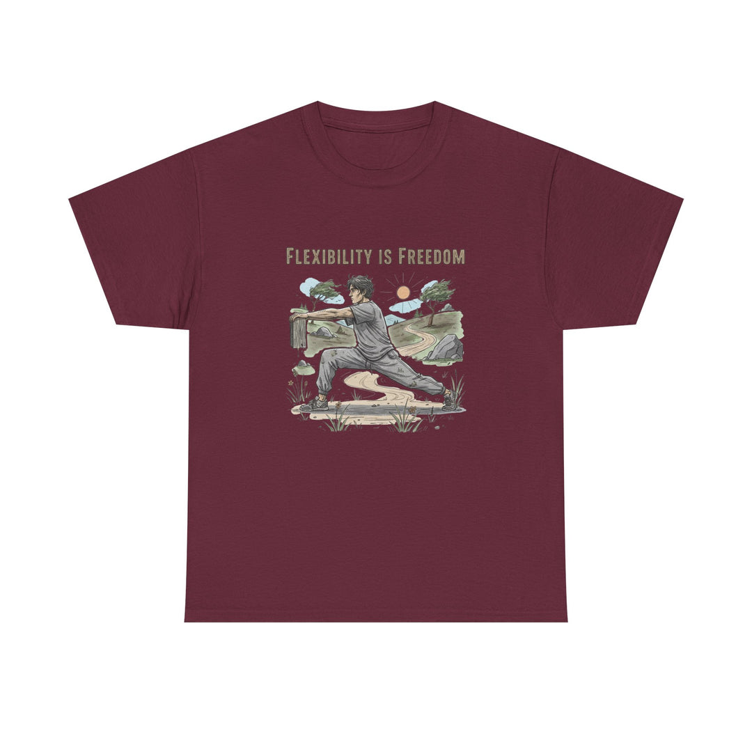 Flexibility Is Freedom Tee – soft, breathable cotton featuring a motivational design. Perfect for yoga, Pilates, stretching, or casual active lifestyle wear.