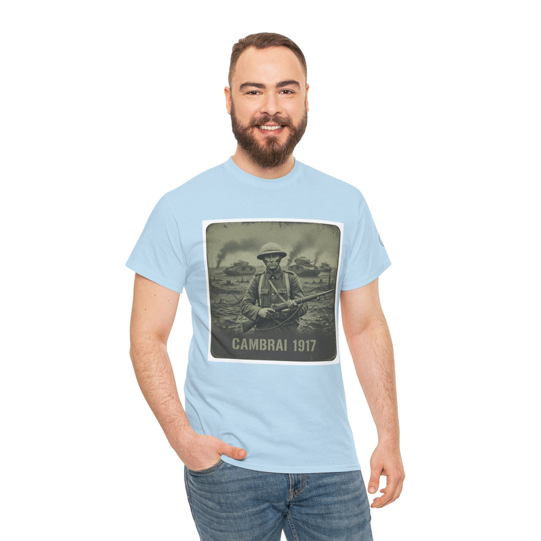 Light blue t-shirt by S&amp;W Gallus with vintage soldier graphic and "Cambrai 1917" text, worn with jeans.
