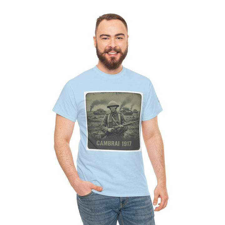 Light blue t-shirt by S&amp;W Gallus with vintage soldier graphic and "Cambrai 1917" text, worn with jeans.
