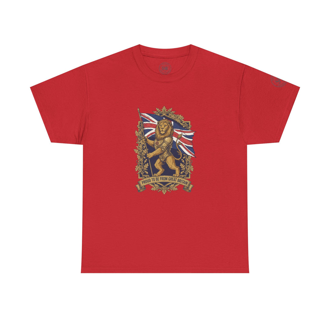 Red t-shirt by S&amp;W Gallus featuring a British lion crest graphic on the front.