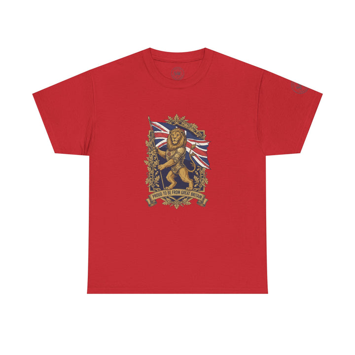 Red t-shirt by S&amp;W Gallus featuring a British lion crest graphic on the front.