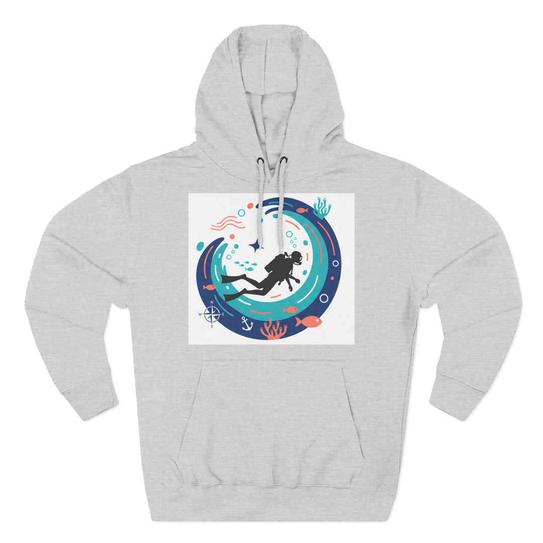 Gray hoodie from S&amp;W Gallus featuring a diver and ocean-themed design, complete with a hood and front pocket.