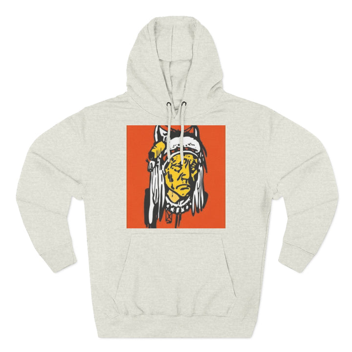 Heather hoodie by S&amp;W Gallus, displaying an indigenous person graphic in an orange square on the chest.