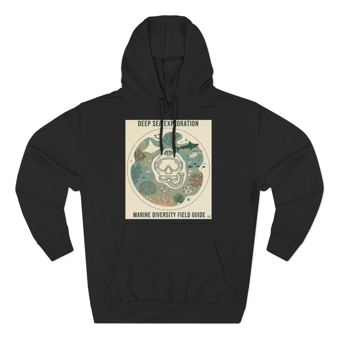 Black hoodie from S&amp;W Gallus with a "Deep Sea Exploration" design featuring sea life and a diver&