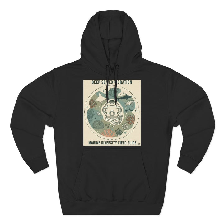 Black hoodie from S&amp;W Gallus with a "Deep Sea Exploration" design featuring sea life and a diver&