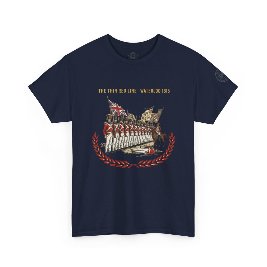 Navy blue t-shirt by S&amp;W Gallus featuring a depiction of the Thin Red Line at Waterloo 1815.