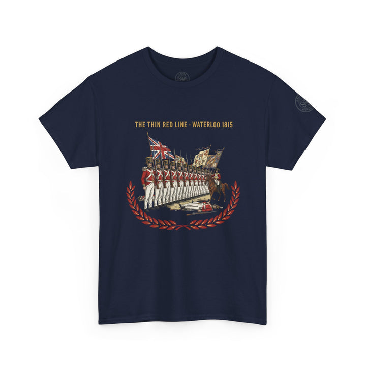 Navy blue t-shirt by S&amp;W Gallus featuring a depiction of the Thin Red Line at Waterloo 1815.