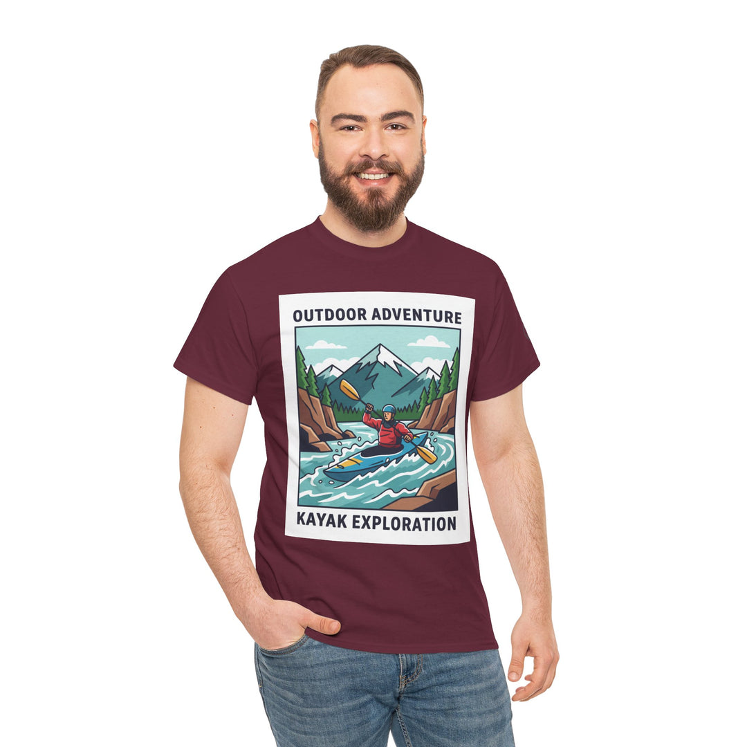 Maroon T-shirt with kayak graphic by S&amp;W Gallus worn with jeans.