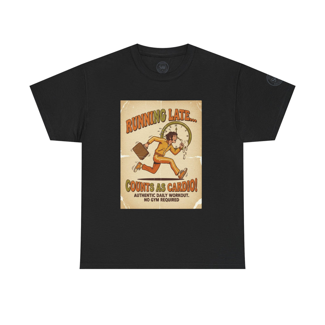 Black graphic tee by S&amp;W Gallus with a "Running Late" cartoon design.