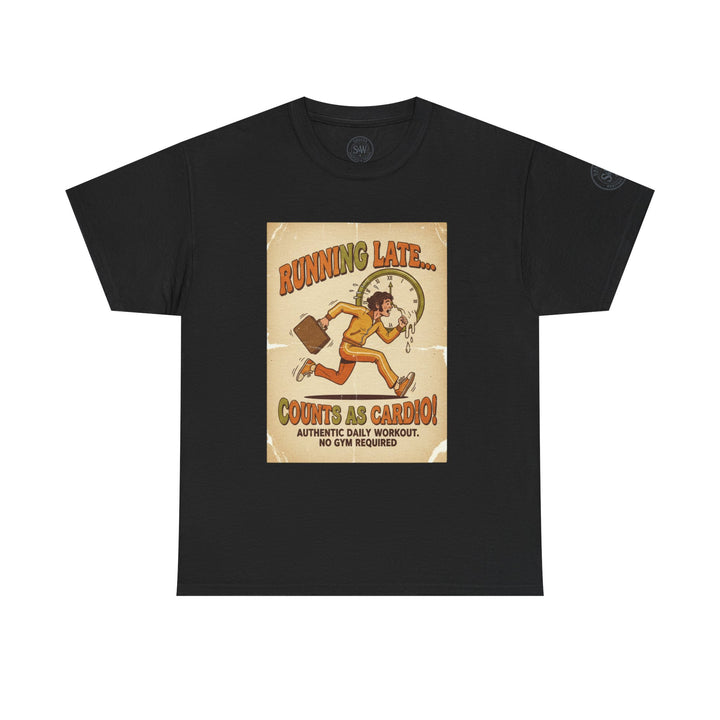 Black graphic tee by S&amp;W Gallus with a "Running Late" cartoon design.