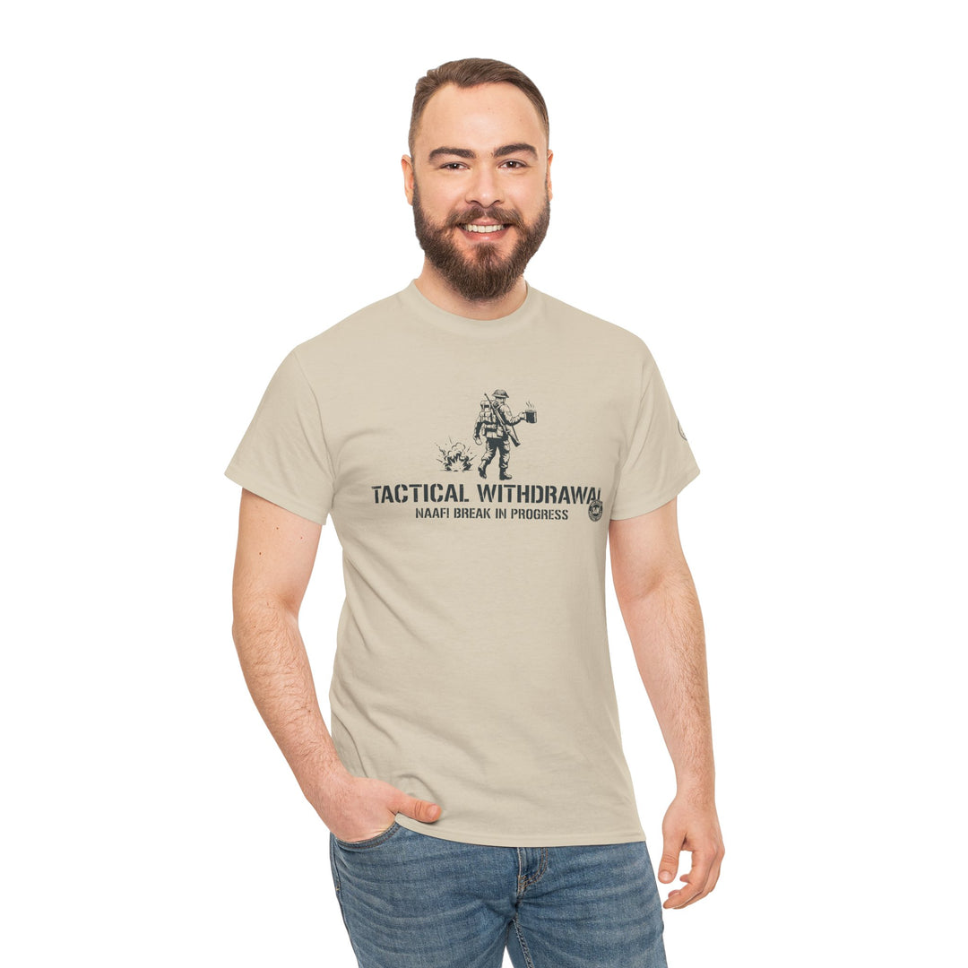 Beige t-shirt from S&amp;W Gallus, featuring a military-themed graphic on the front, worn with blue jeans.