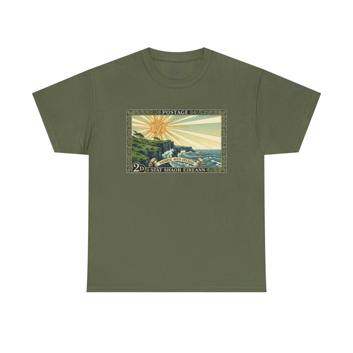 Olive drab t-shirt by S&amp;W Gallus featuring a vintage Irish postage stamp design on the front.