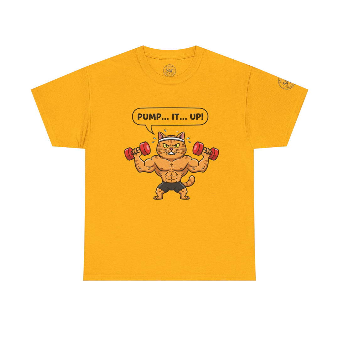 Yellow t-shirt by S&amp;W Gallus featuring a muscular cartoon cat lifting weights with a "Pump...It...Up!" caption.
